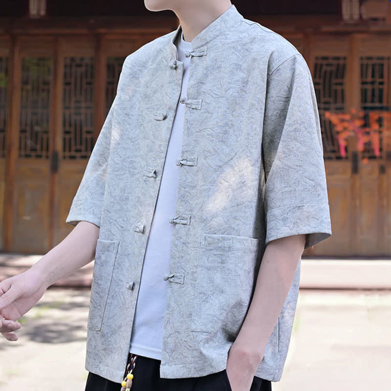 Nimara Ritual Summer Tang Style Mandarin Collar Frog Button Solid Men's Short Sleeve Shirts With Pocket
