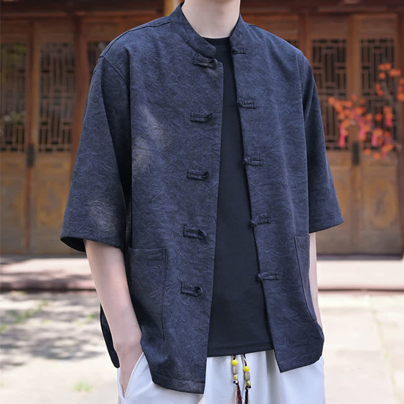 Nimara Ritual Summer Tang Style Mandarin Collar Frog Button Solid Men's Short Sleeve Shirts With Pocket