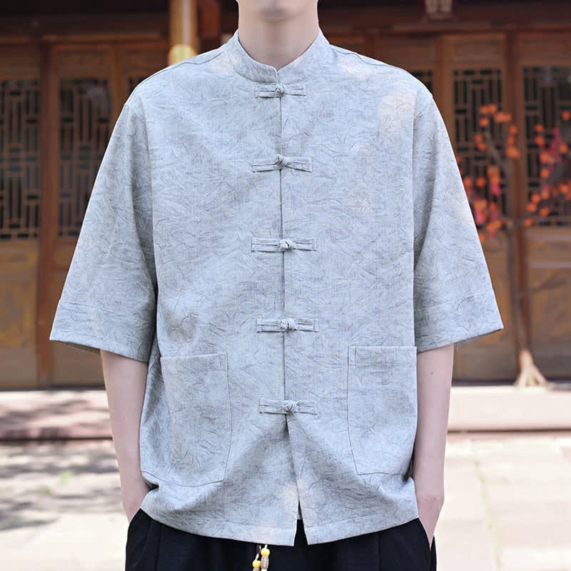 Nimara Ritual Summer Tang Style Mandarin Collar Frog Button Solid Men's Short Sleeve Shirts With Pocket