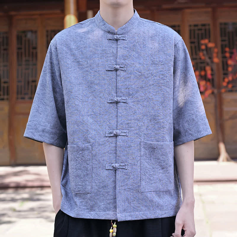 Nimara Ritual Summer Tang Style Mandarin Collar Frog Button Solid Men's Short Sleeve Shirts With Pocket