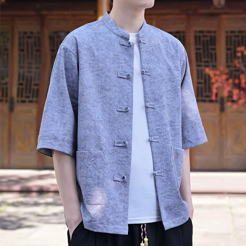 Nimara Ritual Summer Tang Style Mandarin Collar Frog Button Solid Men's Short Sleeve Shirts With Pocket