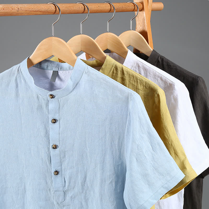 Nimara Ritual Summer Tang Style Casual Mandarin Collar Solid Linen Men's Short Sleeve Shirts