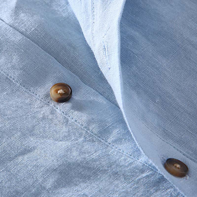 Nimara Ritual Summer Tang Style Casual Mandarin Collar Solid Linen Men's Short Sleeve Shirts