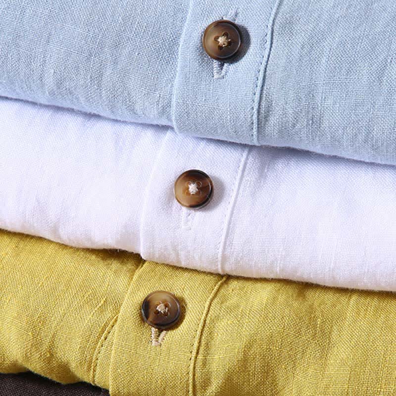 Nimara Ritual Summer Tang Style Casual Mandarin Collar Solid Linen Men's Short Sleeve Shirts
