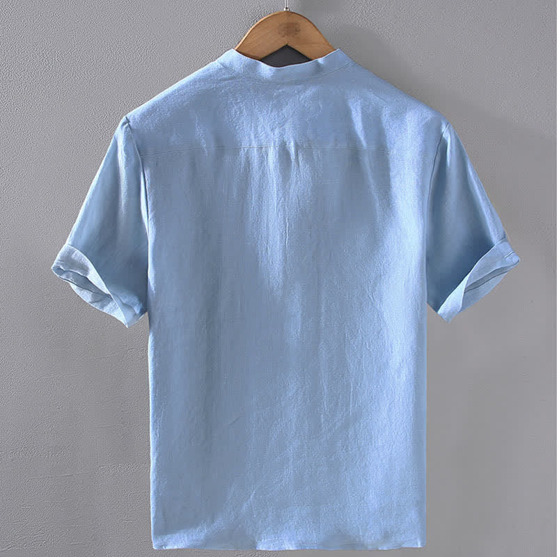 Nimara Ritual Summer Tang Style Casual Mandarin Collar Solid Linen Men's Short Sleeve Shirts