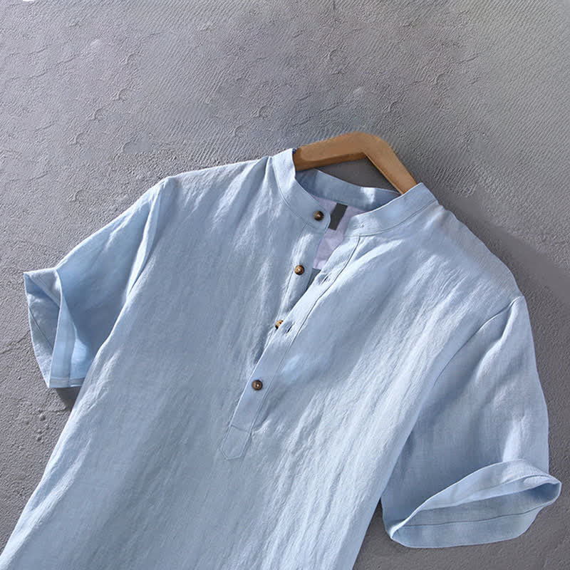 Nimara Ritual Summer Tang Style Casual Mandarin Collar Solid Linen Men's Short Sleeve Shirts