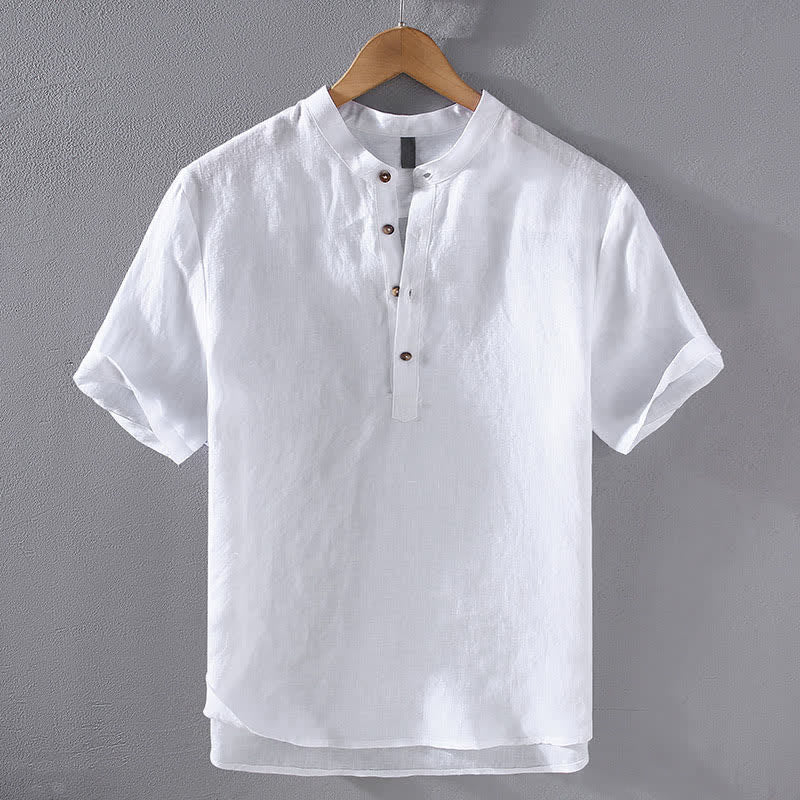 Nimara Ritual Summer Tang Style Casual Mandarin Collar Solid Linen Men's Short Sleeve Shirts