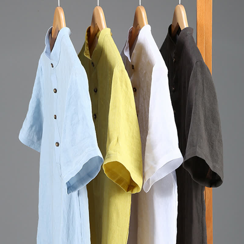 Nimara Ritual Summer Tang Style Casual Mandarin Collar Solid Linen Men's Short Sleeve Shirts