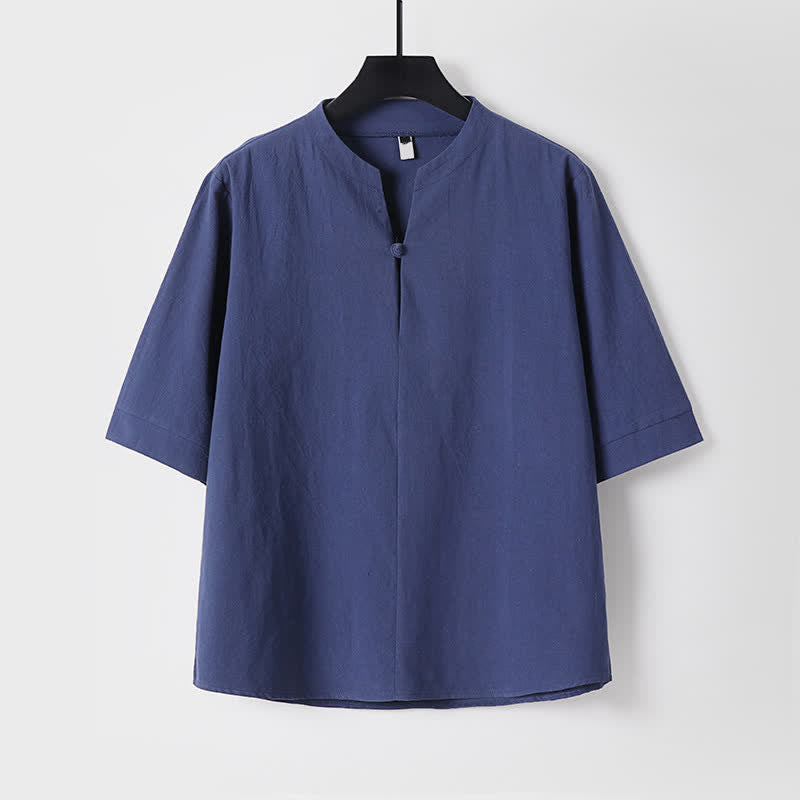 Nimara Ritual 2Pcs Spring Summer Casual Tang Style Drawstring Solid Shirt Cropped Pants Men's Meditation Cloth With Pocket