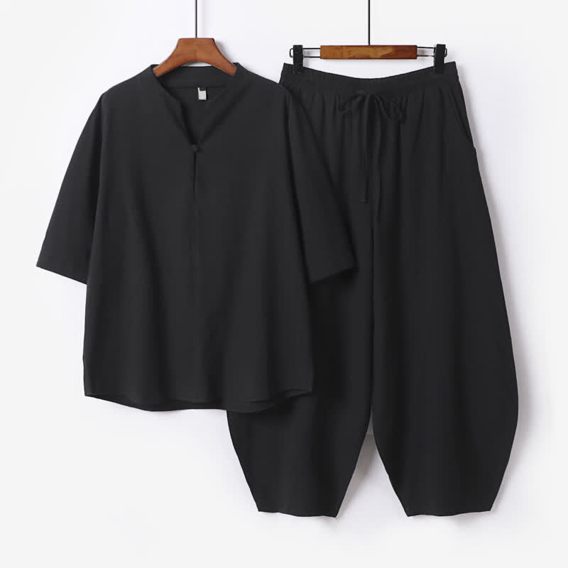 Nimara Ritual 2Pcs Spring Summer Casual Tang Style Drawstring Solid Shirt Cropped Pants Men's Meditation Cloth With Pocket