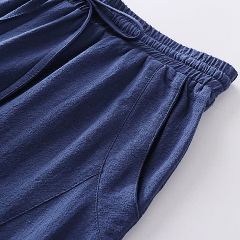 Nimara Ritual 2Pcs Spring Summer Casual Tang Style Drawstring Solid Shirt Cropped Pants Men's Meditation Cloth With Pocket