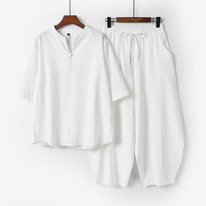 Nimara Ritual 2Pcs Spring Summer Casual Tang Style Drawstring Solid Shirt Cropped Pants Men's Meditation Cloth With Pocket
