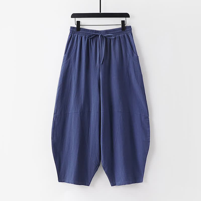 Nimara Ritual 2Pcs Spring Summer Casual Tang Style Drawstring Solid Shirt Cropped Pants Men's Meditation Cloth With Pocket