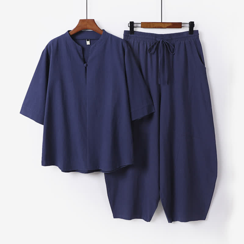 Nimara Ritual 2Pcs Spring Summer Casual Tang Style Drawstring Solid Shirt Cropped Pants Men's Meditation Cloth With Pocket