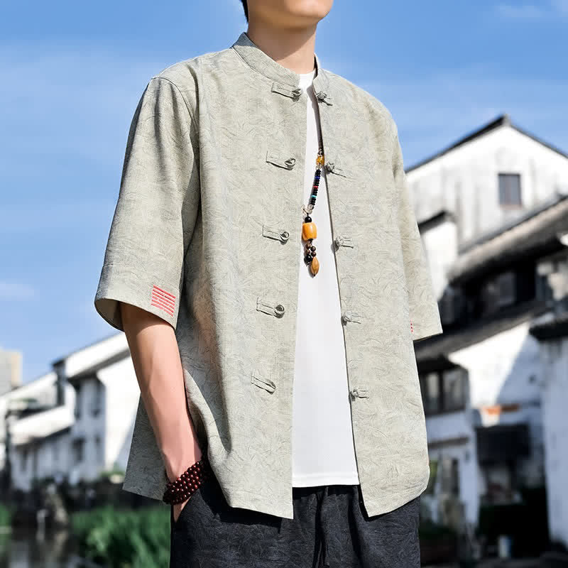 Nimara Ritual Summer Tang Style Mandarin Collar Frog Button Solid Men's Short Sleeve Shirts