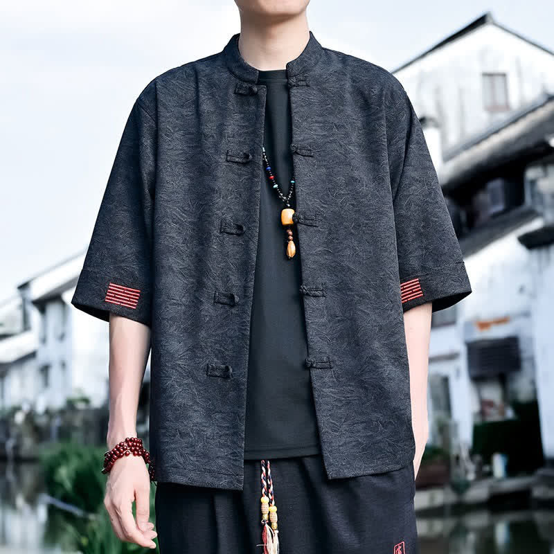 Nimara Ritual Summer Tang Style Mandarin Collar Frog Button Solid Men's Short Sleeve Shirts