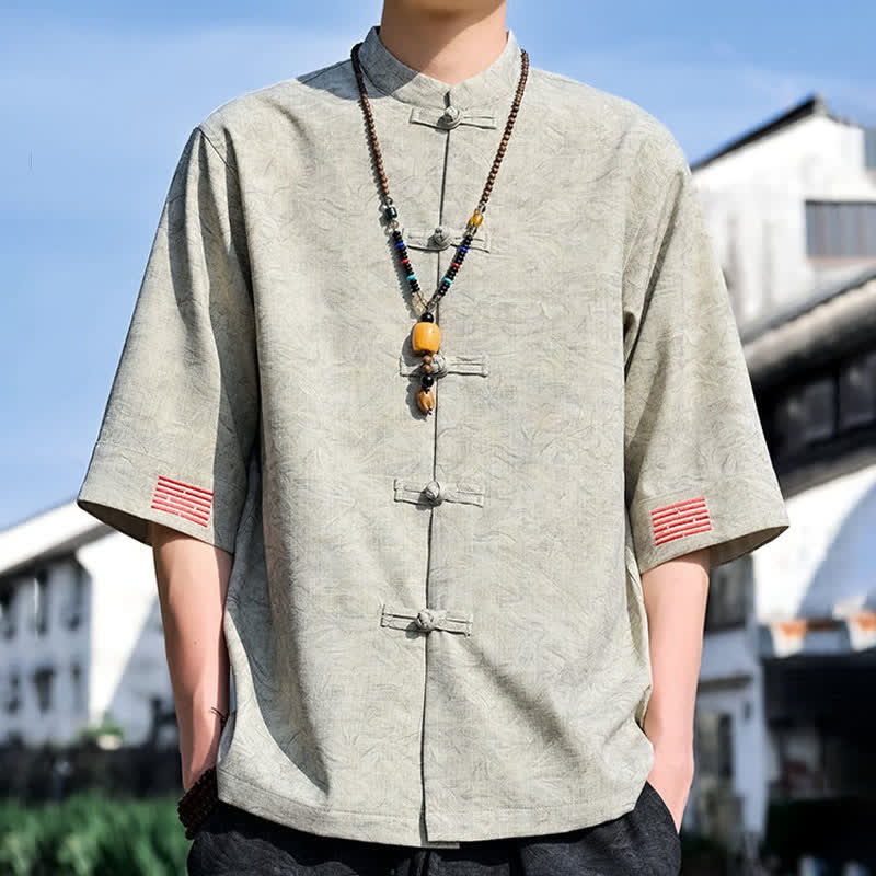 Nimara Ritual Summer Tang Style Mandarin Collar Frog Button Solid Men's Short Sleeve Shirts