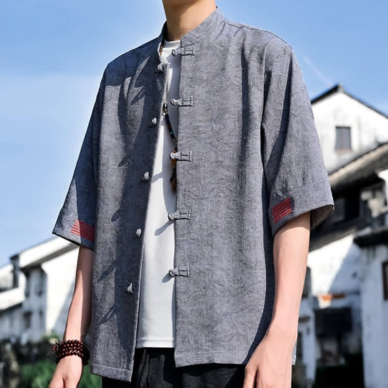 Nimara Ritual Summer Tang Style Mandarin Collar Frog Button Solid Men's Short Sleeve Shirts