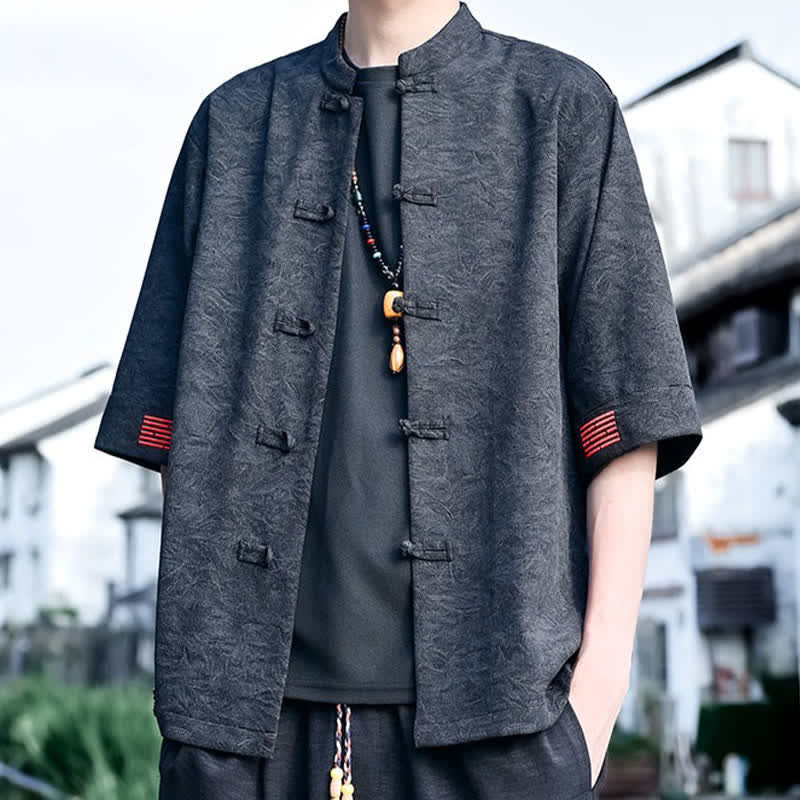 Nimara Ritual Summer Tang Style Mandarin Collar Frog Button Solid Men's Short Sleeve Shirts