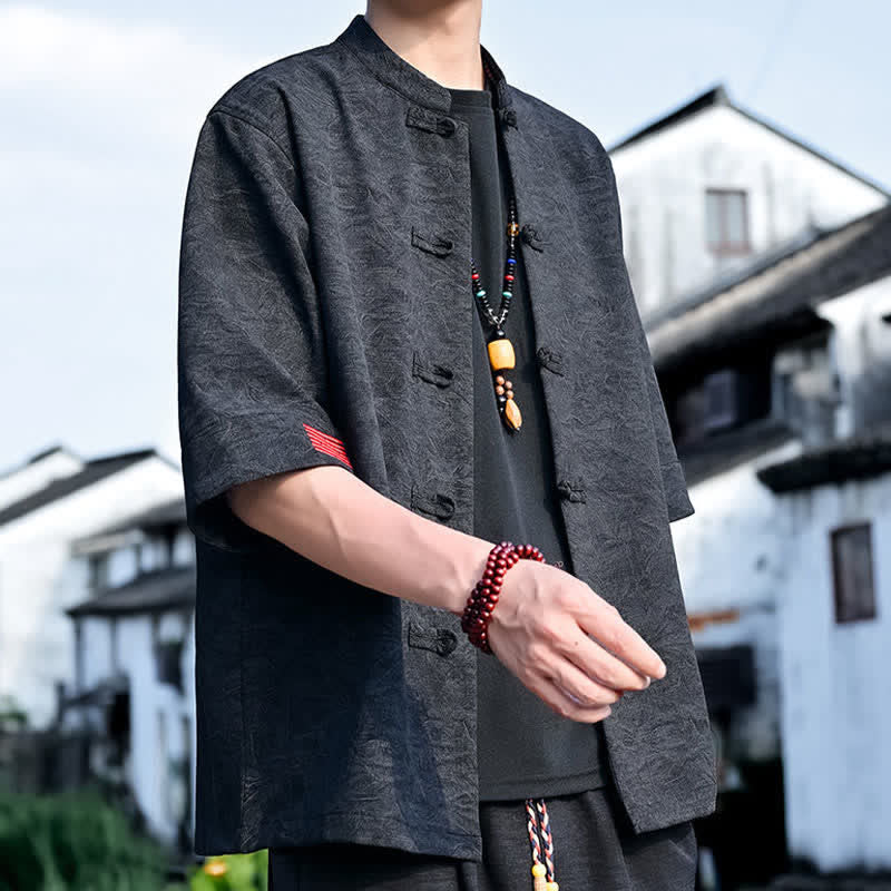 Nimara Ritual Summer Tang Style Mandarin Collar Frog Button Solid Men's Short Sleeve Shirts