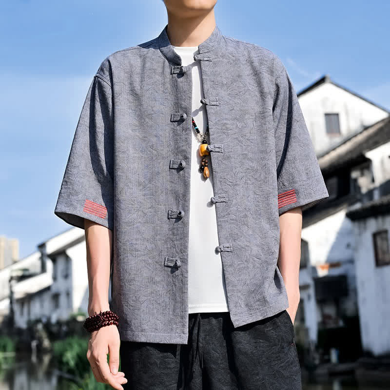 Nimara Ritual Summer Tang Style Mandarin Collar Frog Button Solid Men's Short Sleeve Shirts