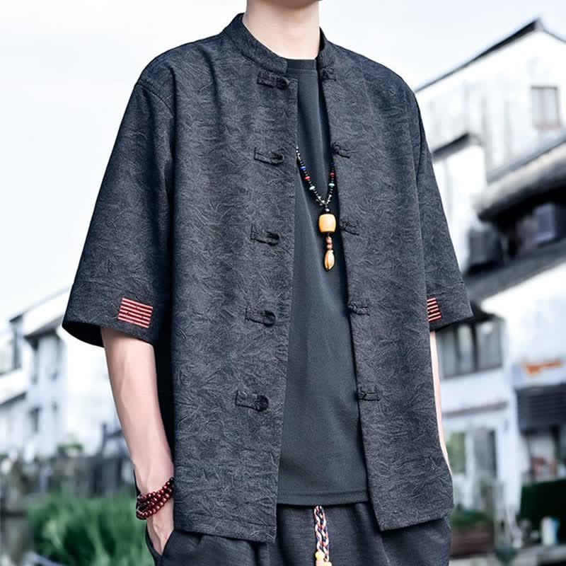 Nimara Ritual Summer Tang Style Mandarin Collar Frog Button Solid Men's Short Sleeve Shirts