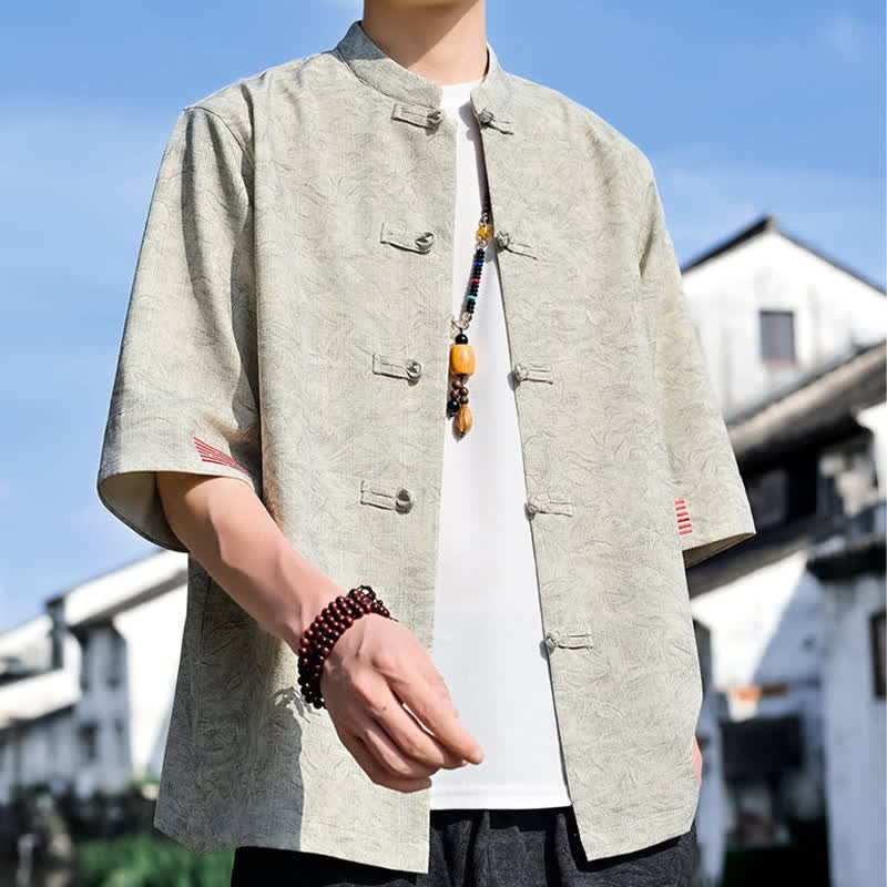 Nimara Ritual Summer Tang Style Mandarin Collar Frog Button Solid Men's Short Sleeve Shirts
