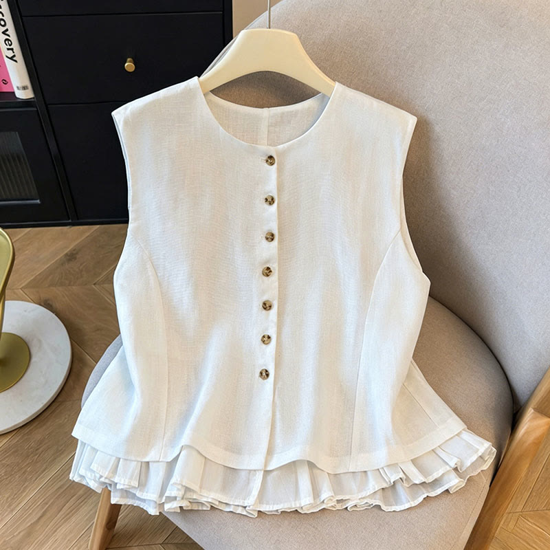 Nimara Ritual Summer Elegant Button-Up Solid Crew Neck Tank Top Women's Sleeveless Shirts