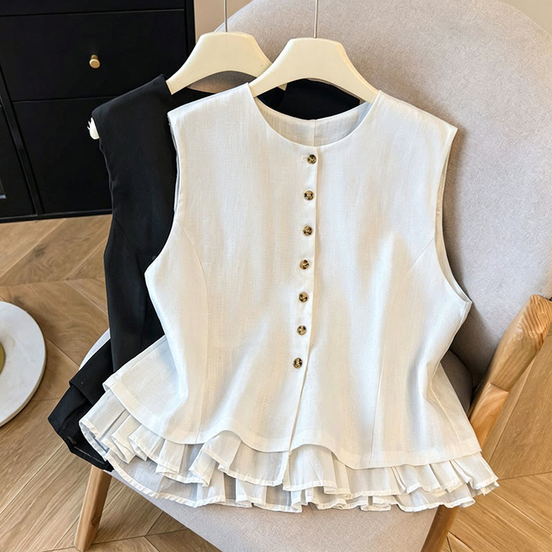 Nimara Ritual Summer Elegant Button-Up Solid Crew Neck Tank Top Women's Sleeveless Shirts