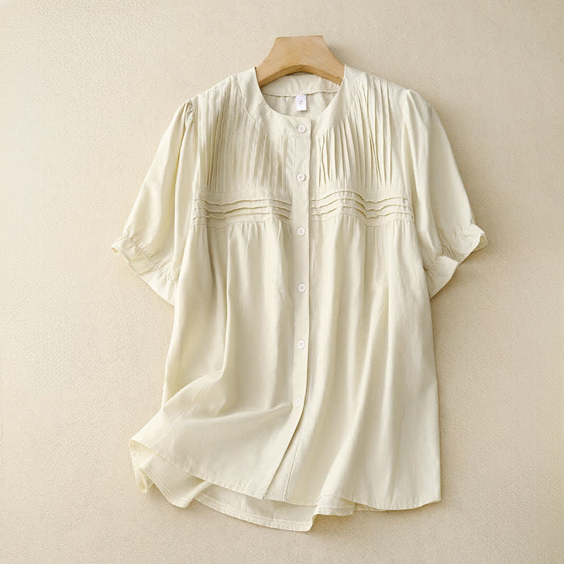 Nimara Ritual Summer Casual Vintage Button-up Solid Pintuck Pleats Design Women's Short Sleeve Shirts