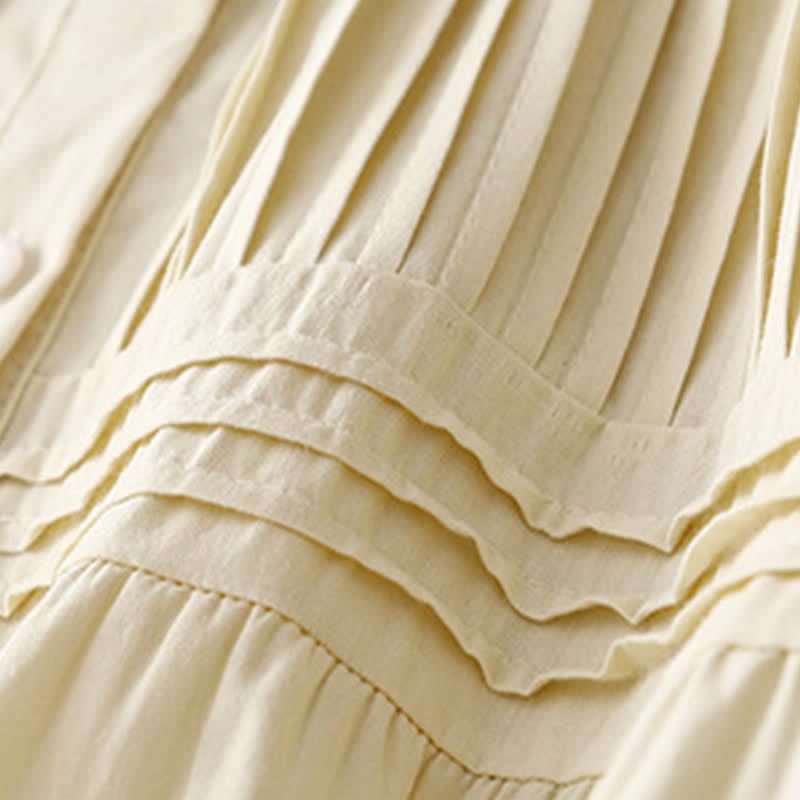 Nimara Ritual Summer Casual Vintage Button-up Solid Pintuck Pleats Design Women's Short Sleeve Shirts