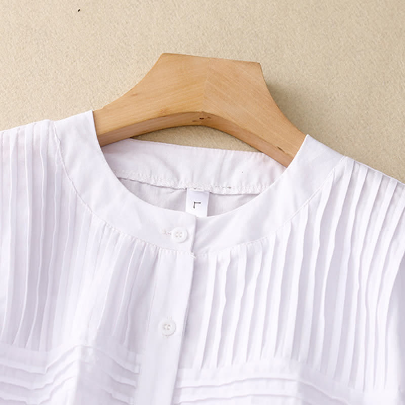 Nimara Ritual Summer Casual Vintage Button-up Solid Pintuck Pleats Design Women's Short Sleeve Shirts