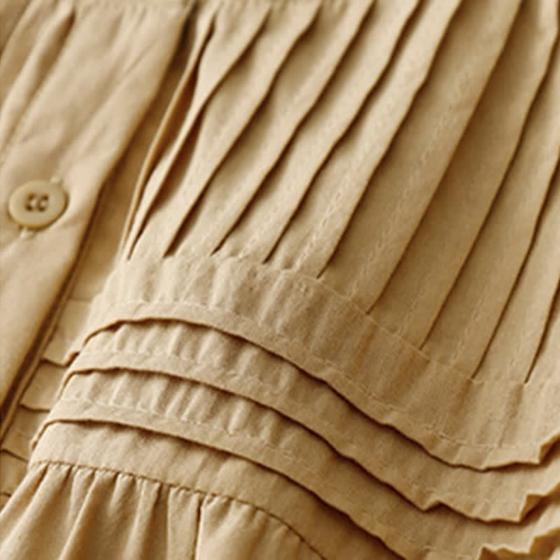 Nimara Ritual Summer Casual Vintage Button-up Solid Pintuck Pleats Design Women's Short Sleeve Shirts