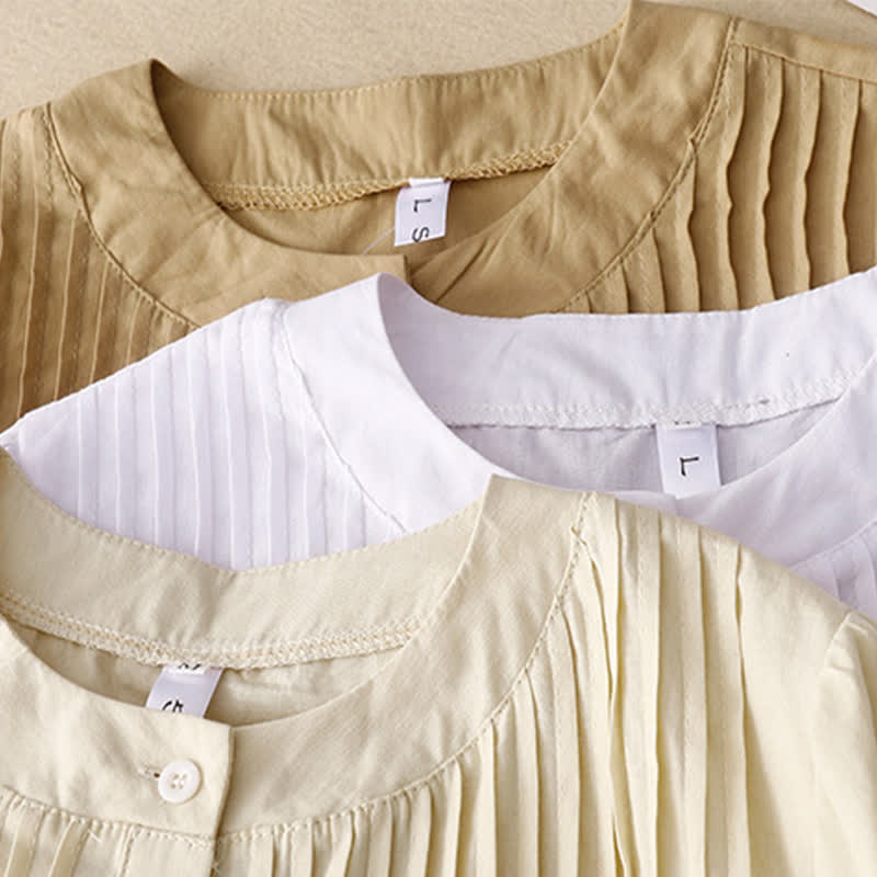 Nimara Ritual Summer Casual Vintage Button-up Solid Pintuck Pleats Design Women's Short Sleeve Shirts