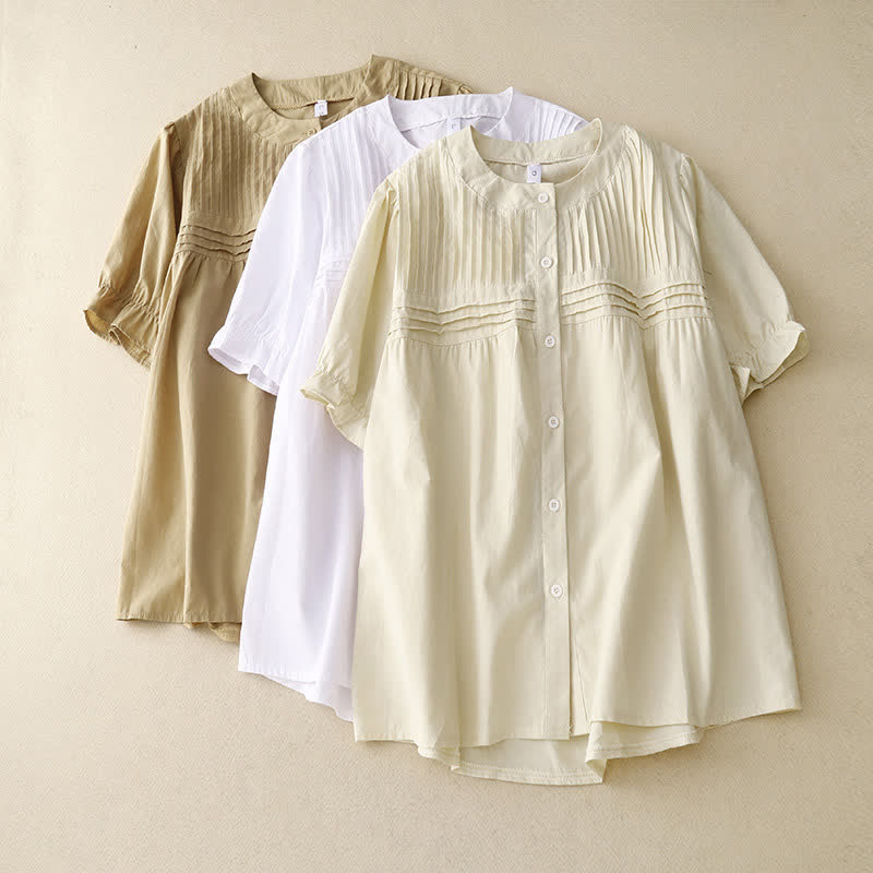 Nimara Ritual Summer Casual Vintage Button-up Solid Pintuck Pleats Design Women's Short Sleeve Shirts