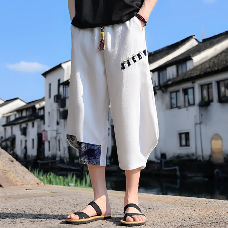 Nimara Ritual Summer Casual Vintage Drawstring Floral Capri Pants Men's Harem Pants With Pocket