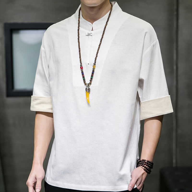 Nimara Ritual Summer Tang Style Mandarin Collar Solid Men's Short Sleeve Shirts