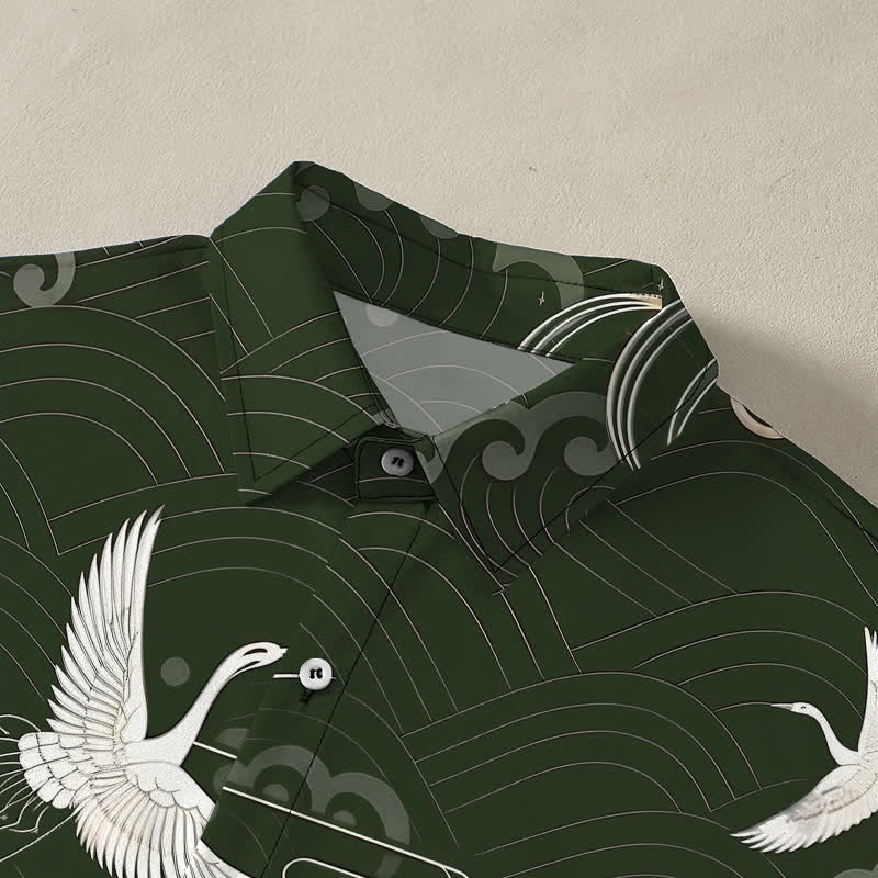 Nimara Ritual Crane Cloud Wave Pattern Buttons Breathable Men's Short Sleeve Shirt