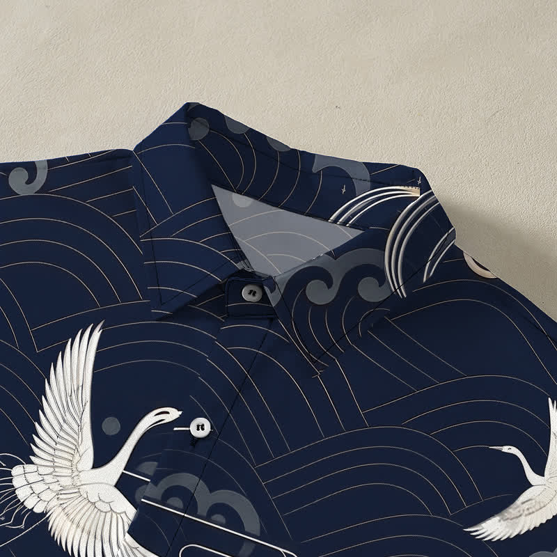 Nimara Ritual Crane Cloud Wave Pattern Buttons Breathable Men's Short Sleeve Shirt