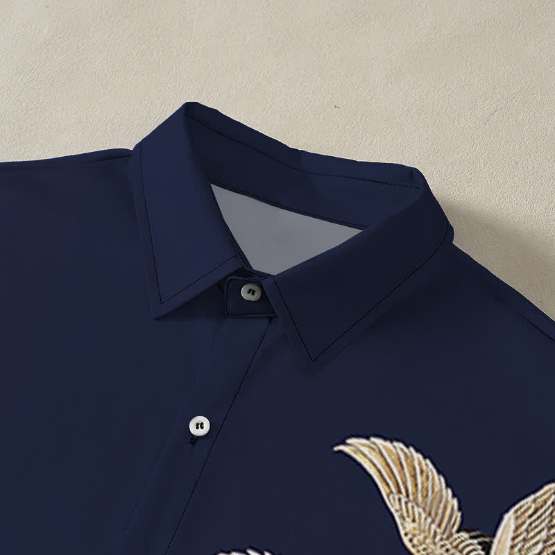 Nimara Ritual Crane Lotus Pattern Buttons Breathable Men's Short Sleeve Shirt