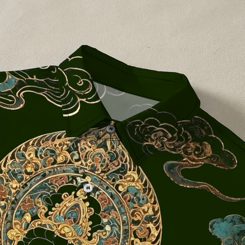 Nimara Ritual Golden Buddha Cloud Pattern Buttons Wrinkle-resistant Men's Short Sleeve Shirt