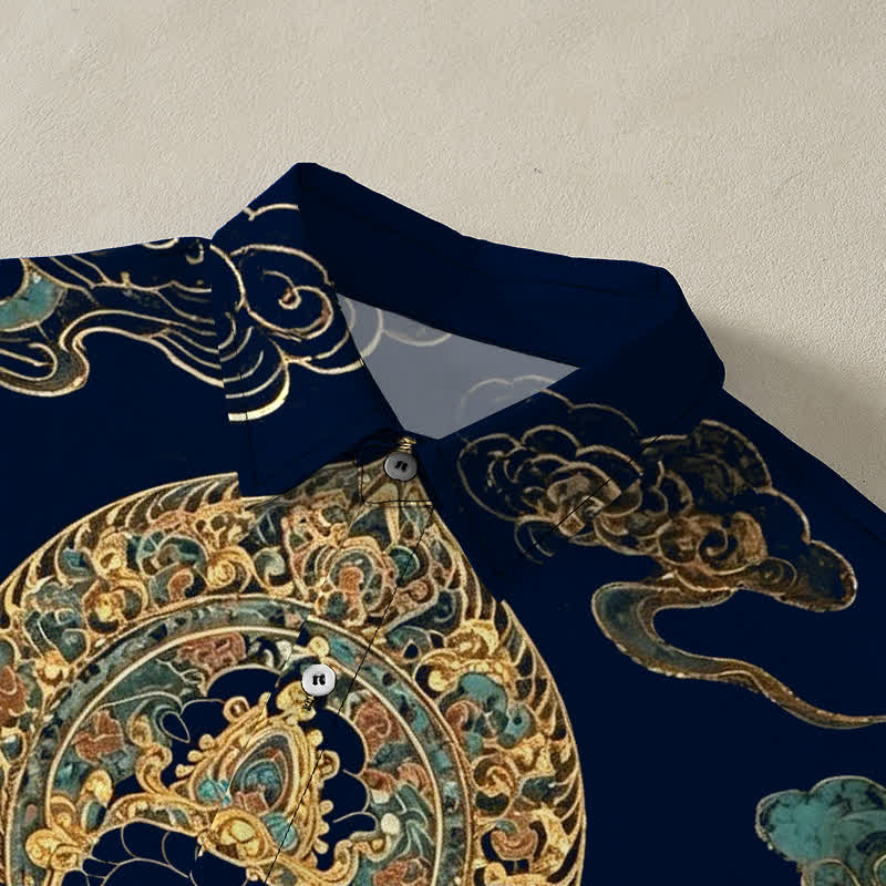 Nimara Ritual Golden Buddha Cloud Pattern Buttons Wrinkle-resistant Men's Short Sleeve Shirt