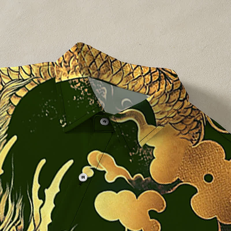 Nimara Ritual Golden Dragon Cloud Pattern Buttons Wrinkle-resistant Men's Short Sleeve Shirt