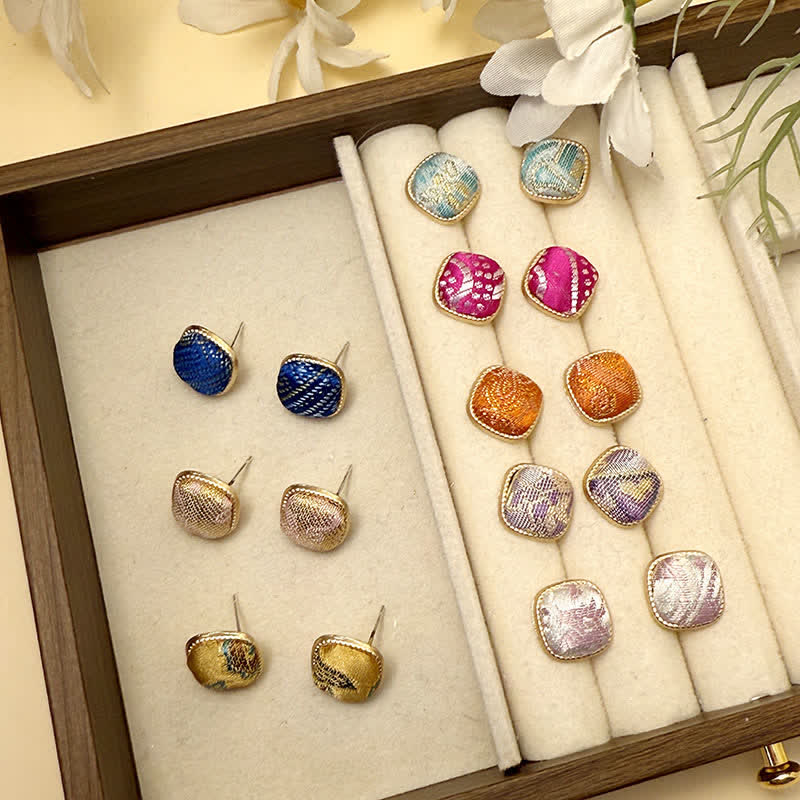 Nimara Ritual Handmade Song Brocade Protection Geometric Square Stud Earrings