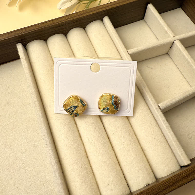 Nimara Ritual Handmade Song Brocade Protection Geometric Square Stud Earrings