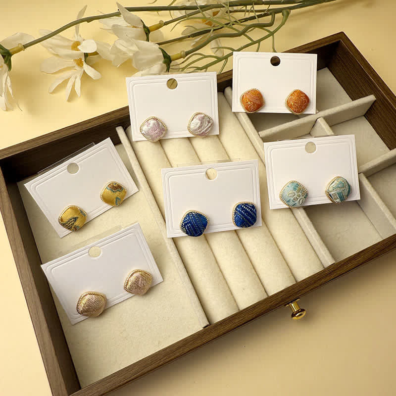 Nimara Ritual Handmade Song Brocade Protection Geometric Square Stud Earrings