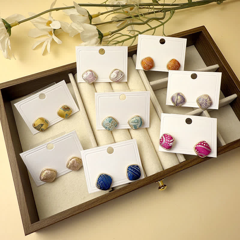 Nimara Ritual Handmade Song Brocade Protection Geometric Square Stud Earrings