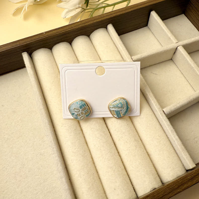 Nimara Ritual Handmade Song Brocade Protection Geometric Square Stud Earrings