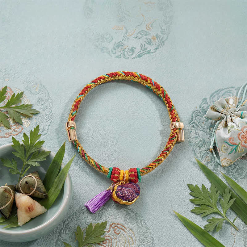 Nimara Ritual Handwoven Five Color Cord Luck Purple Song Brocade Chinese Lock Charm Apple Money Bag Gourd Zongzi Adjustable Bracelet