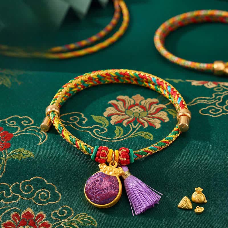 Nimara Ritual Handwoven Five Color Cord Luck Purple Song Brocade Chinese Lock Charm Apple Money Bag Gourd Zongzi Adjustable Bracelet